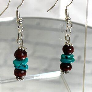 Reimagined Turquoise and Wooden Bead Hook Earrings